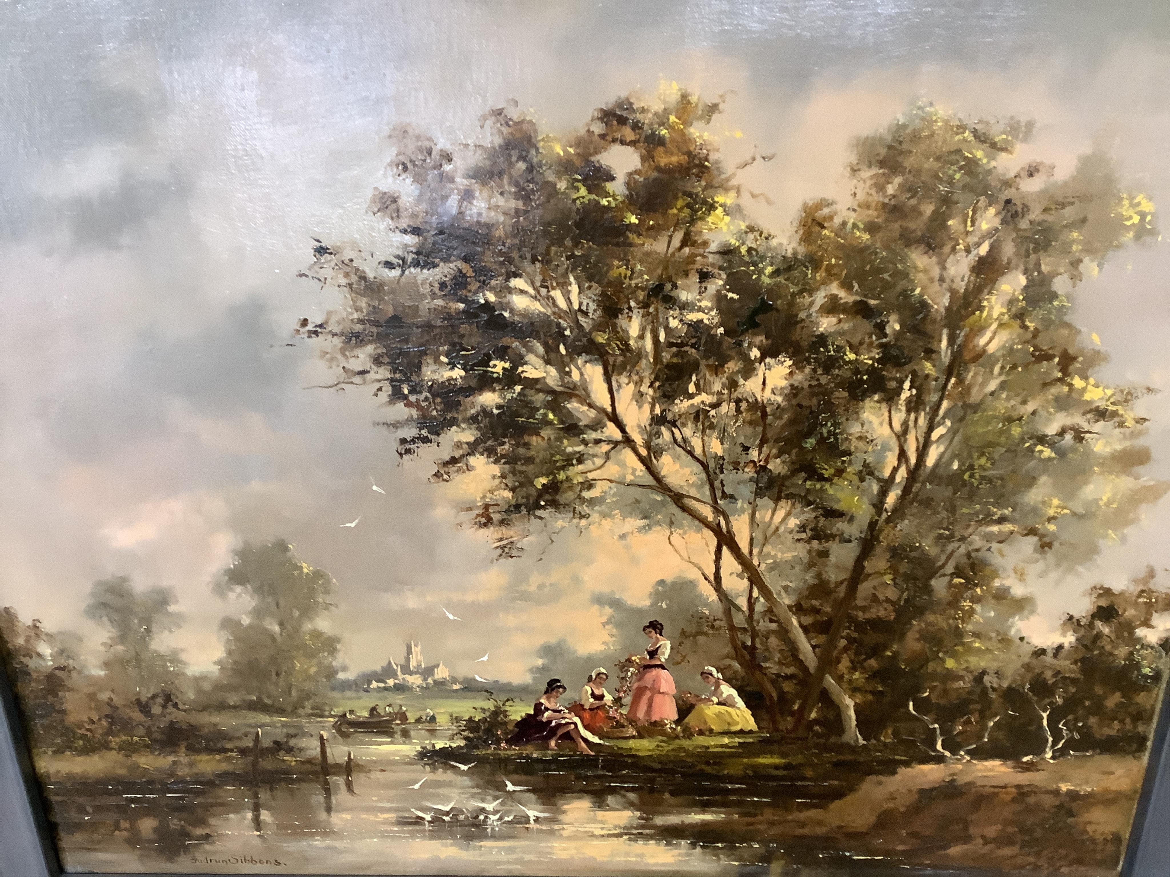 Gudrun Sibbons (1924-2020), 'Making Flower Garlands', signed, oil on canvas, 39 x 49cm